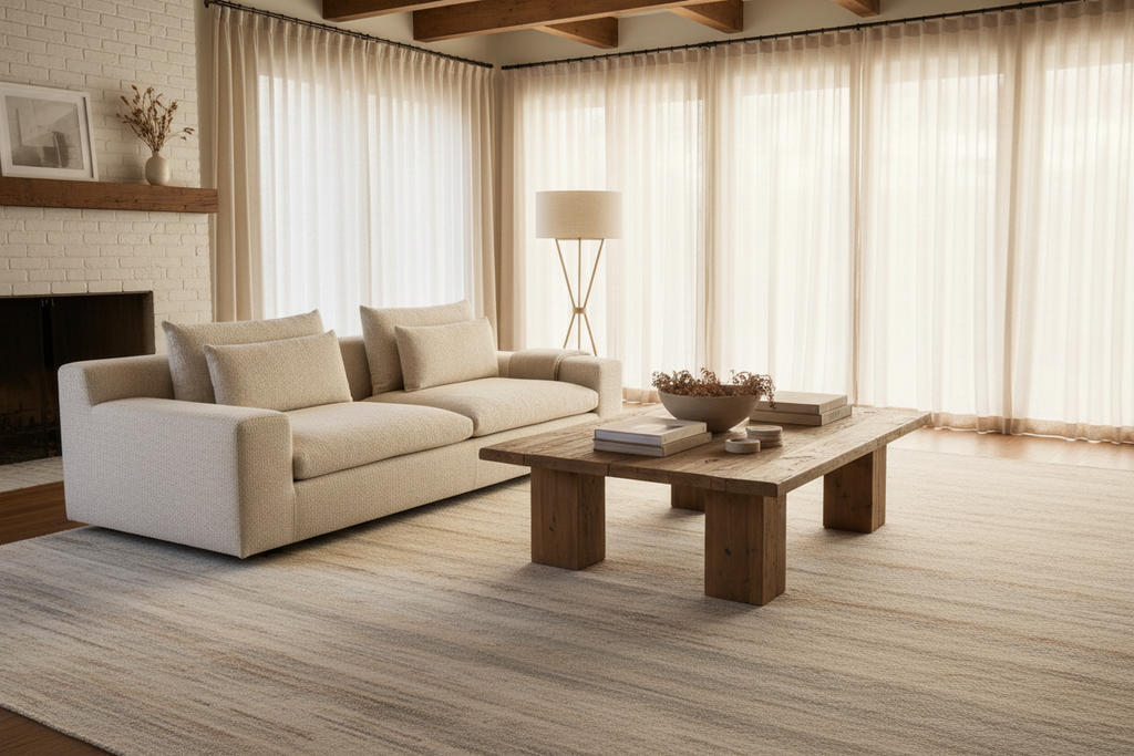 Hand-knotted wool rug anchoring a styled living-room vignette