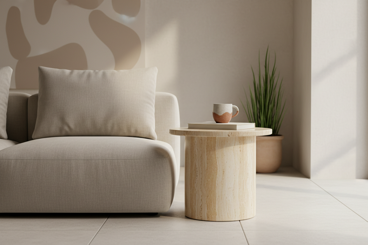 Warm travertine cylindrical side table beside a low linen sofa