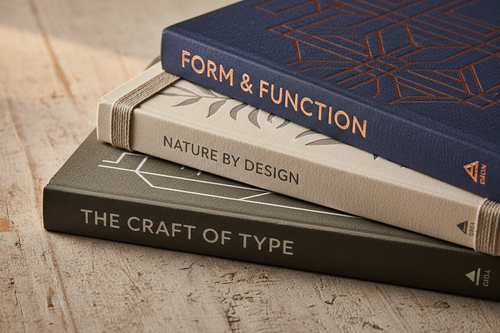 Angled close-up of three design book spines and textured covers