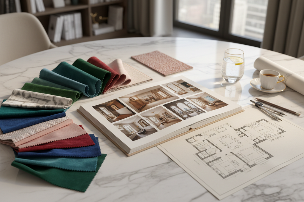 Luxury interior design package with concept booklet open to mood board, fabric swatches, and floor plan sketch