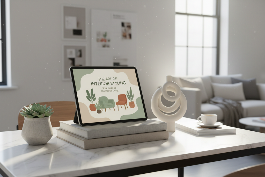 Interior styling eBook displayed on a tablet propped against books on a marble desk