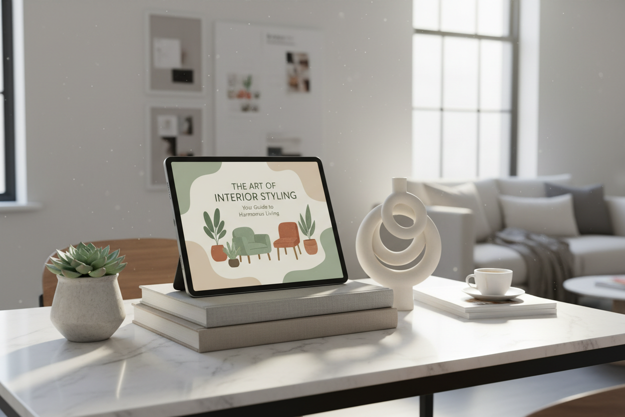 Interior styling eBook displayed on a tablet propped against books on a marble desk