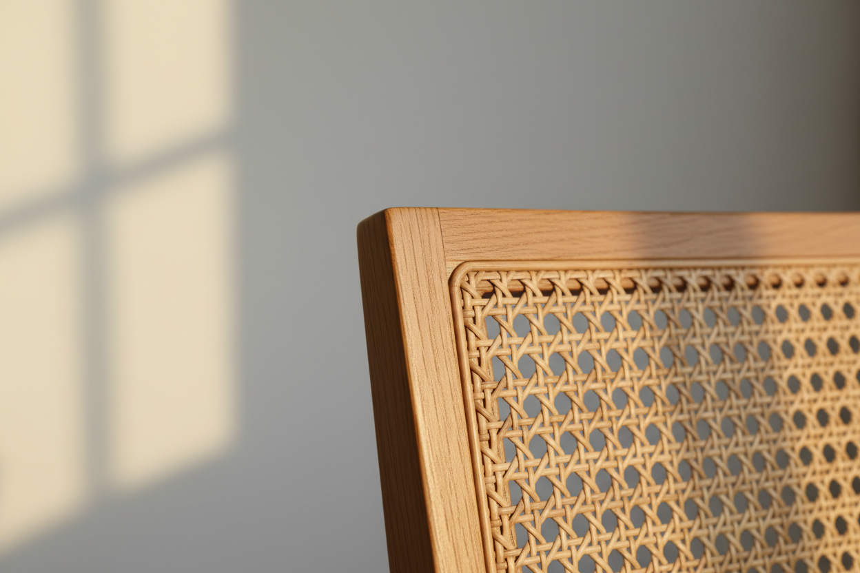 Detail close-up of hand-woven cane back and oak joinery