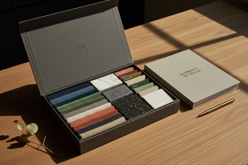 Opened sample box with fabric swatches, stone tiles, and paint chips beside a concept booklet