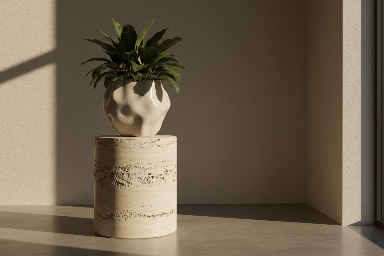 Travertine cylindrical pedestal side table used as a plant plinth with sculptural ceramic pot