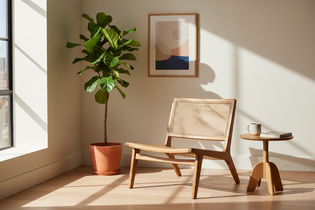 Solid oak and cane accent chair in a sunlit corner beside a plant and artwork