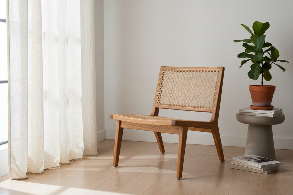 Solid oak and cane accent chair from three-quarter angle in a quiet light-filled room