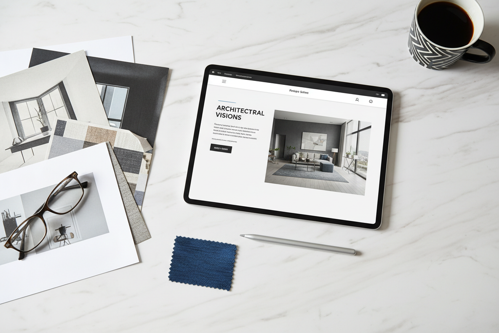 Flat-lay of eBook open across a tablet with printed sample pages and material swatch