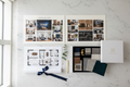Elegant flat-lay of a full room-design package with concept boards and sample box