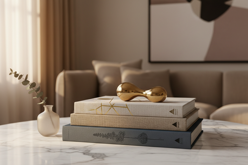 Styled stack of three design coffee-table books on a marble table